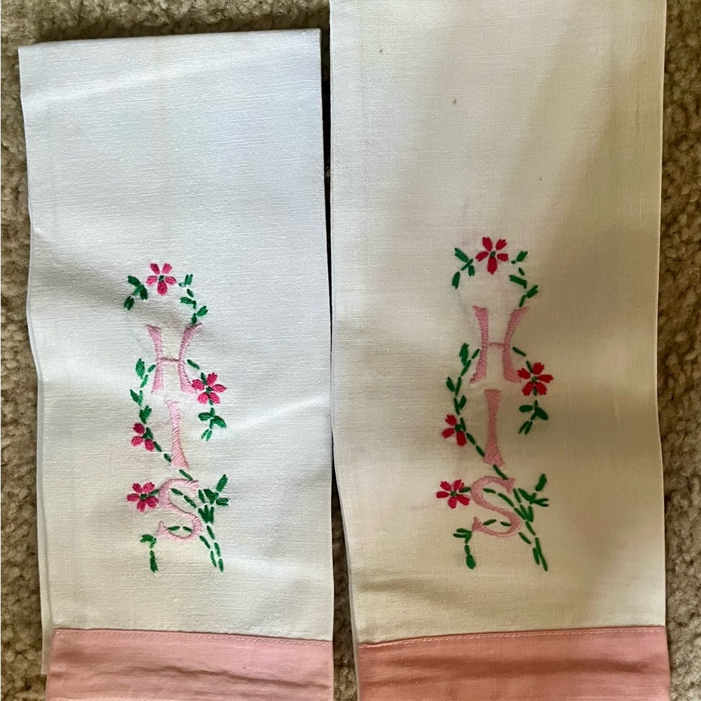 Vintage Pink and Green Embroidered Hand Towels